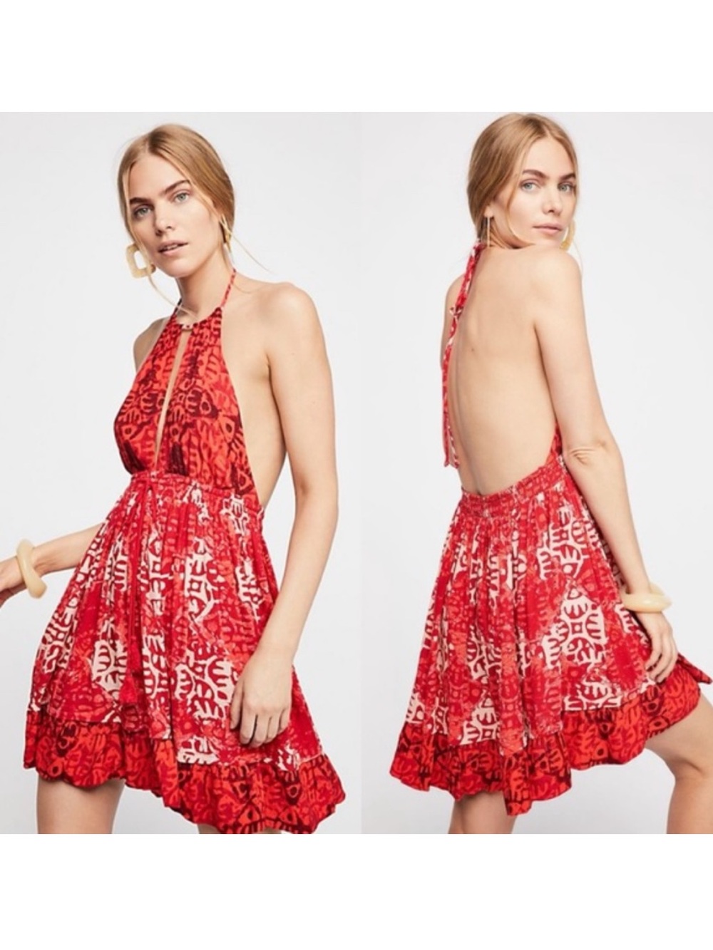 Free People Red Printed Backless Halter Mini Dress